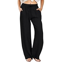FireSwan Womens Palazzo Pants Casual Drawstring Flowy Pants Wide Leg Summer Beach Linen Trousers with Pockets