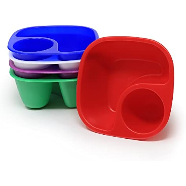 Rolling Sands Reusable Snack and Dip Bowls, 5 Pack, USA Made, Dishwasher and Microwave Safe Personal Size Plastic Divider Bowls, BPA-Free, Two Compartments to Hold Dips, Snacks and Treats