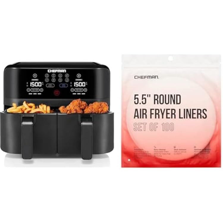 Chefman TurboFry Touch Dual 4.5QT Air Fryer Bundle With 100 5.5 Round Disposable Liners