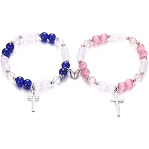 Cross Matching Bracelets for Couple Women Men Vintage Crucifix Heart Stone Bracelet Pink Green Beads Bracelets Friendship Relationship Promise Bracelet for Best Friends Trendy Jewelry Gifts