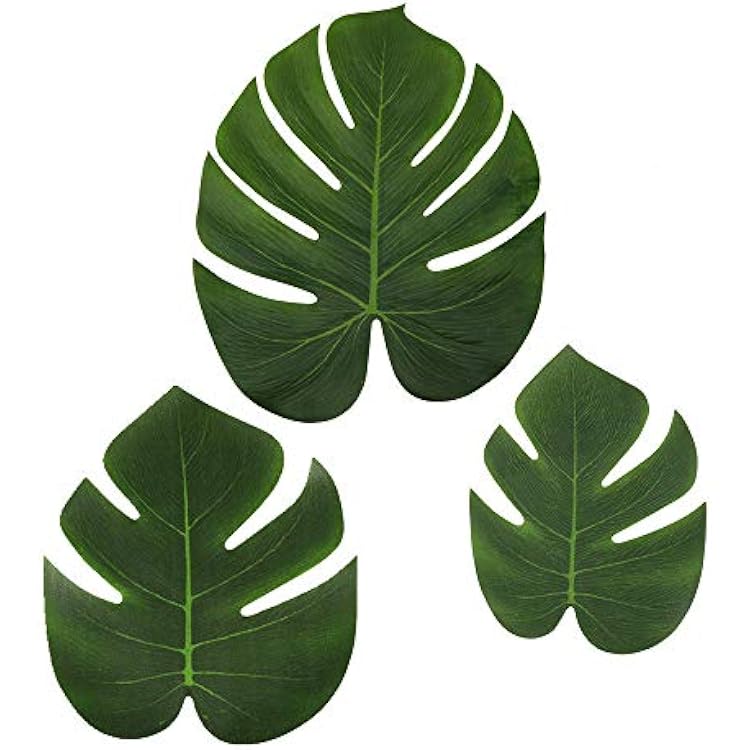 LJDJ Tropical Leaves Palm Set of 36 - Artificial Silk Fabric Monstera Decoration Leaf 3 Different Sizes Hawaiian Luau Jungle Beach Theme Party Supplies Table Decor Accessories
