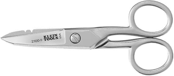 Klein Tools 2100-9 Stainless Steel Electrician Scissors, Made in USA, 5.25-Inch Free-Fall Handle Snips, Stripping Notches, Non-Slip Serrated Blade