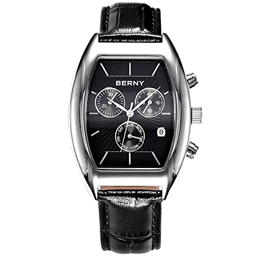 BERNY Watches for Men Barrel-Shaped Multi-Function Analog Watch Fashion Casual Retro Mens Wrist Watches with Genuine Leather Strap