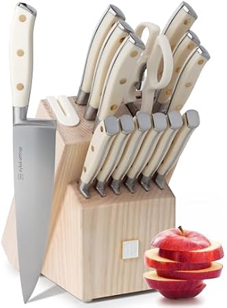 Styled Settings White Knife Set with Block and Sharpener, 14-Piece | Ultra-Sharp High Carbon Stainless Steel Knives with Gold Triple Rivet White Handles and Ashwood Knife Block
