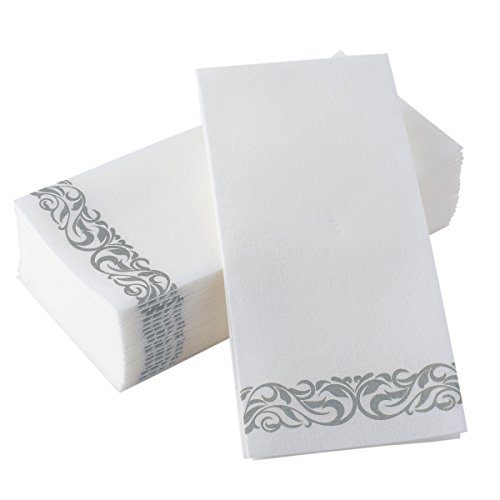 200-Pack BloominGoods Disposable Guest Towels for Bathroom - Linen-Feel Hand Towel -Paper Napkins for Party, Wedding or Dinner - Premium Quality Soft Absorbent Napkins White and Silver 8.5 X 4 Folded