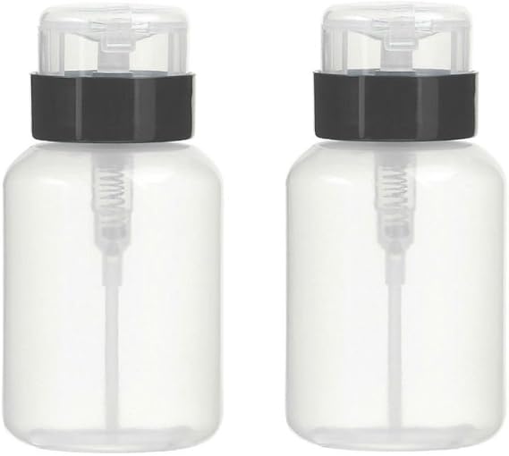 AKOAK Pack of 2 Push Down Empty Lockable Pump Dispenser Bottle for Nail Polish and Makeup Remover,200ml(6.8oz),Black Top Cap