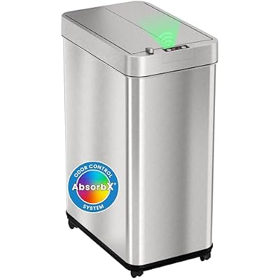 iTouchless 13 Gallon Wings-Open Mobile Wheeled Kitchen Trash Can with Lid and Odor Filter, Dog Proof Stainless Steel Garbage Bin for Home Office Work Bedroom Living Room Garage Slim Wastebasket