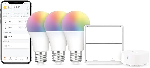 Broadlink Smart Bulbs Starter Kit - 3 A19 FastCon Color Changing Light Bulbs with Music Sync, 1 Wireless Scene Switch and Hub Included, 16 Million Colors, Works with Alexa, Google Home, 5 Piece Set