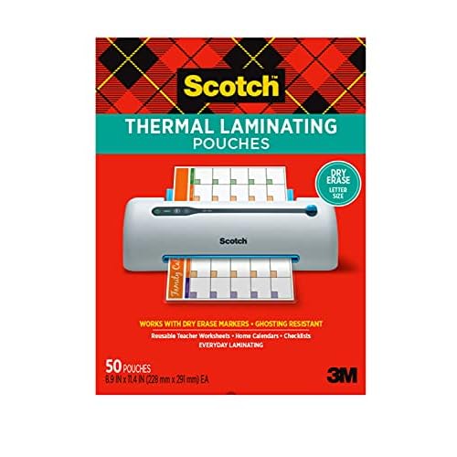 Scotch dry erase Thermal Laminating Pouches, 50-Pack, Works with Dry Erase Markers, Reuseable Worksheets, Calendars, Checklists, 8.9 x 11.4 Inches, Letter Size, Clear Professional Finish TP3854-50DE
