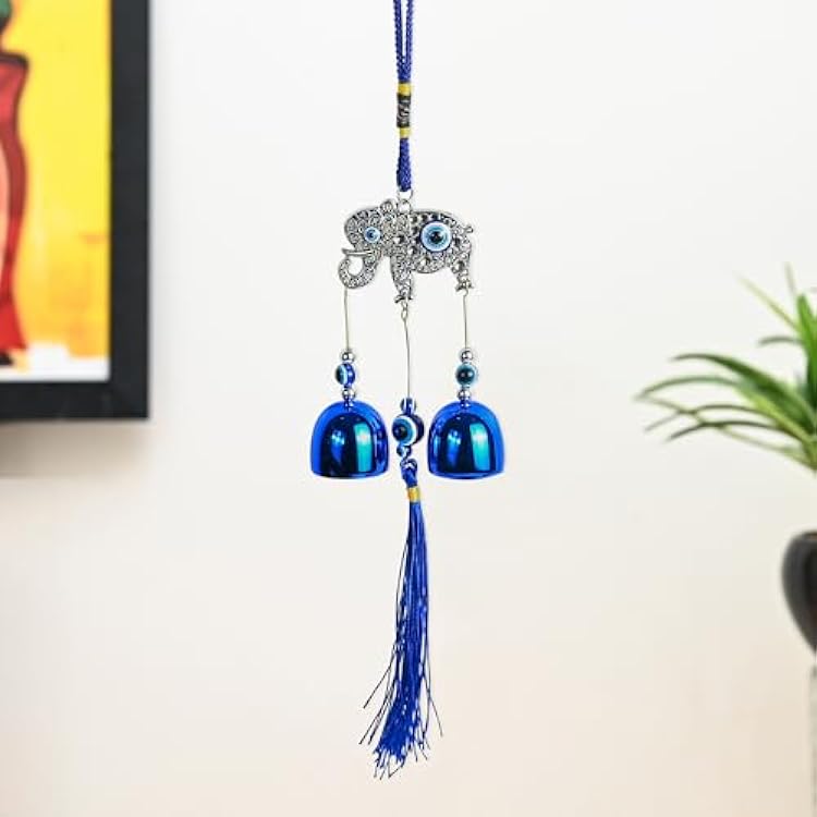 BEZAVO Blue Evil Eye Elephant Wall Hanging with 2 Bells Good Luck Charm for Home, Office, and Car Decor, Prosperity, Success, Health, Wealth & Protection Amulet
