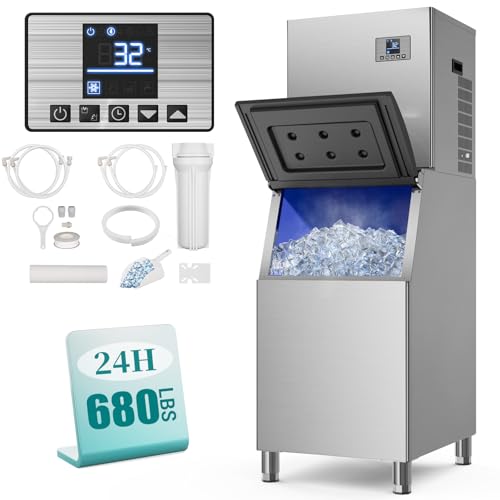680LBS24h Commercial Ice Maker Machine with 560 LBS Storage Bin, Ice Ready in 8-15 Min, ETL Approval Self Cleaning Stainless Steel Industrial Ice Machine for Bar Restaurant Cafe, Silver