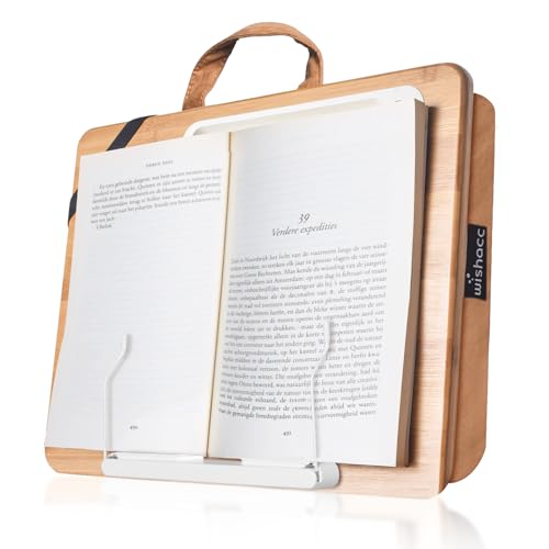 wishacc Book Stand for Reading in Bed, Bamboo Wood Lap Reading Holder with Page Paper Clips for Reading Hands Free, Portable Reading Shelf for Reading Cookbooks, Textbooks, Bibles in BedSofaCouch