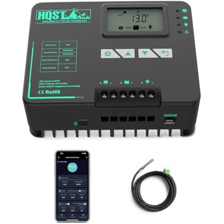 HQST 20 Amp MPPT Solar Charge Controller, Negative Grounded Controller, Bluetooth APP Control, LCD Display, 12V24V DC Input Solar Panel Regulator for Gel Sealed Flooded and Lithium Battery