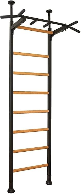 521B Wallbars, Stall Bars, Swedish Ladder, Gymnastic Ladder with Fixed Steel 6-Grip Pull Up Bar, Floor to Ceiling or Wall Mounting for Suspension Training and Stretching, Home, Gym