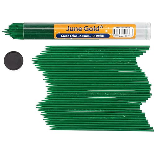 June Gold 36 Green Emerald #104 Colored 2.0 mm Lead Refills, Bold Thickness for Heavy Use, Break Resistant with a Convenient Dispenser