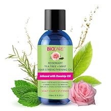 Biocare Rosemary Tea Tree + Mint Hair Strengthening Oil 4oz - Super Growth & Moisture, Essential Oils for Dry Scalp, Split Ends & Hair Growth, Scalp Stimulator, Anti-Frizz, Hair Thickening