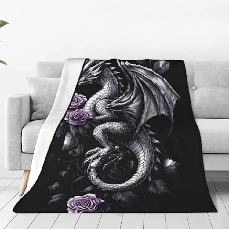 Dragon with Purple Rose Throw Blanket Soft Cozy Flannel Fashion Fuzzy Blanket for Home Bed Sofa Couch Chair 40 x 30 Inch