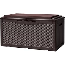 Devoko 100 Gallon Deck Box, Waterproof Resin Outdoor Storage Box with Cushion for Outside and Patio, Large Outdoor Storage Bench Cabinet Lockable for Patio Furniture and Garden Tools Deep Brown