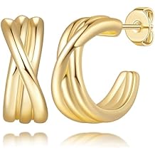 14K Gold Earrings for Women Gold Hoop Earrings Studs Striking Double X-Shaped Design Cute Hoop Earring Womens Stud Trendy 17mm