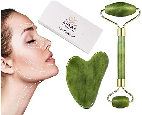 Jade Roller for Face and Gua Sha Set Beauty Cosmetic Facial Skin Roller Massager Tool Natural Green Jade
