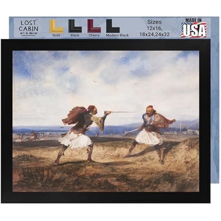 Lost Cabin Albanian Duel by Alexandre Decamps | Print in Black Flat Frame | Fine Artwork Painting Reproduction | Framed Wall Art Decor Poster Gift | Image: 12x16 Frame: 13.5x17.5
