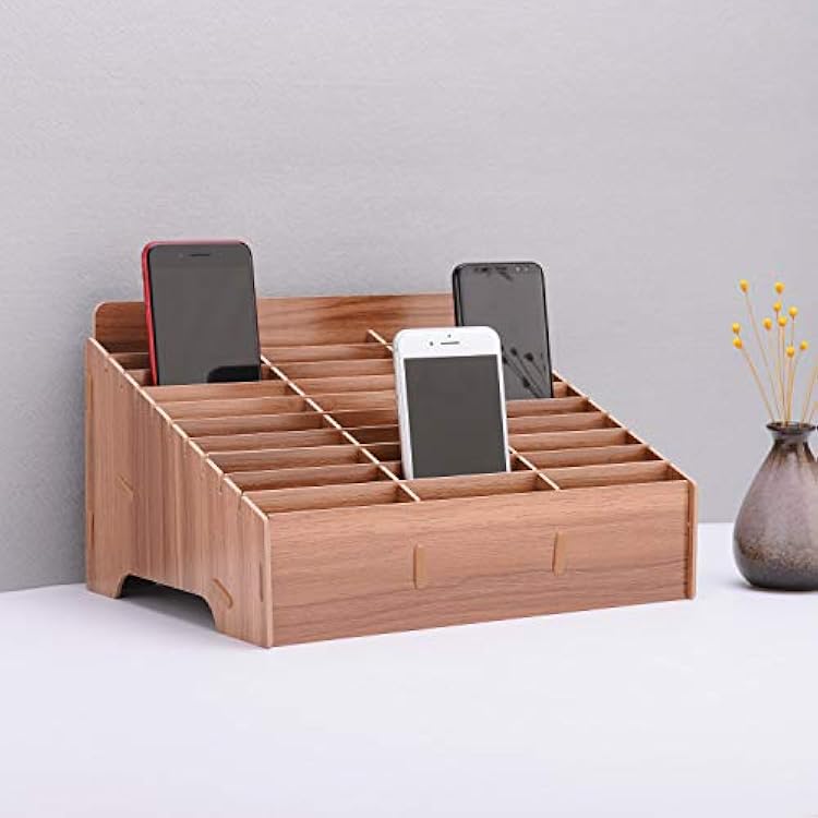 Wooden Cell Phone Organizer Phones Holder Desktop School Office Supplies Multifunctional Assembly Storage Box for Classroom Office Meeting Room Teacher 30 Grid Brown