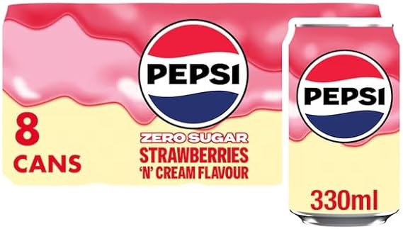 Pepsi Cola Carbonated Soft Drink Cans Pack of 8 (330 ml Each) | Classic Refreshing Beverage | Perfect for Sharing & Celebrations (Pepsi Strawberries 'n' Cream Soft Drink Cans 8x330ml)