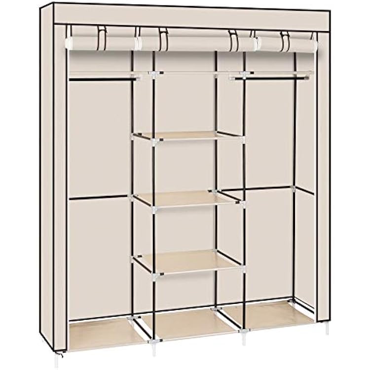 69 Portable Clothes Closet Wardrobe Storage Organizer with Shelves and Non-Woven Fabric Cover for Hanging Clothes, Easy Assembly Beige