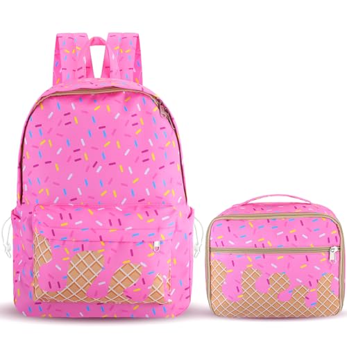 Hillban Pink Ice Cream Drip Backpack with Lunch Box Set Bookbag Lunch Bag for School Travel Hiking Camping Travel Casual