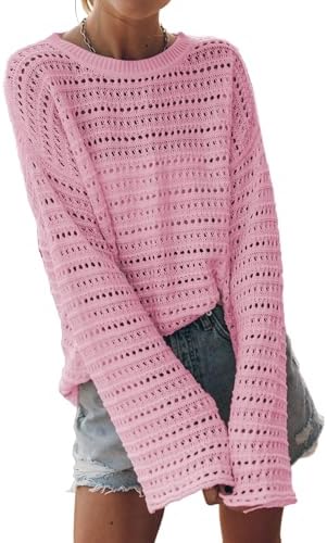 Sidefeel Womens Fall Sweaters 2025 Lightweight Casual Long Sleeve Crochet Hollow Out Knit Pullover Tops Clothing