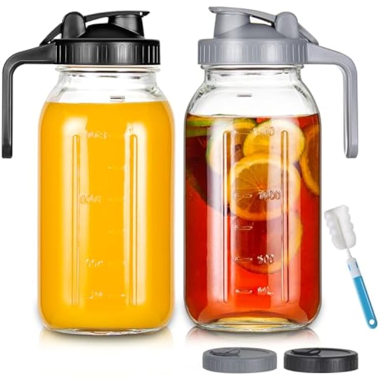YEBODA 64oz Glass Pitcher with Lid, 2 Quart Mason Jar Pitcher with Pour Spout Lids, Wide Mouth Jar Leakproof Glass Jug, Heavy Duty Container for Water, Juice, Milk, Tea, Iced Coffee, and Drinks 2 Pack