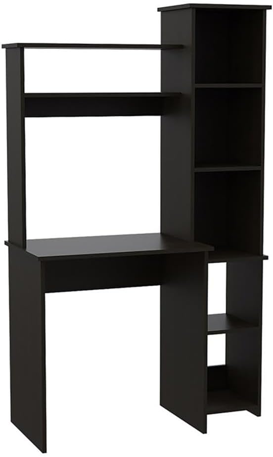 BOWERY HILL Modern Engineered Wood Home Office Desk, Black Wengue Finish, 63.9" H x 39.7" W x 17.8" D, Hutch with Shelves, Side Bookcase, Space-Saving Design, Ideal for Small Home Office