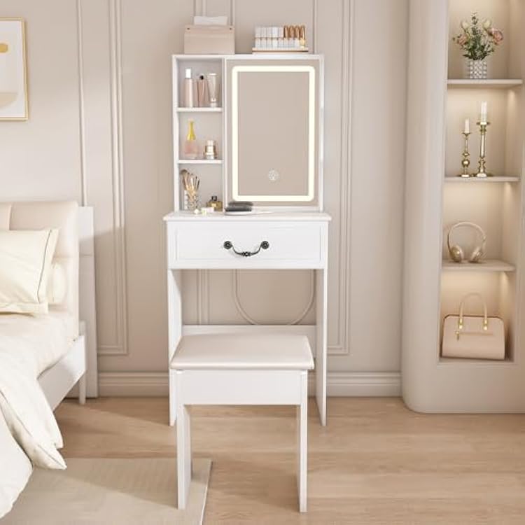 Small Makeup Vanity Desk with Mirror and Lights, Mini Vanity with Stool, Hidden Storage, Large Drawers, 6 Storage Shelves, Dressing Table Set for Womens Bedroom, Dressing Room, White