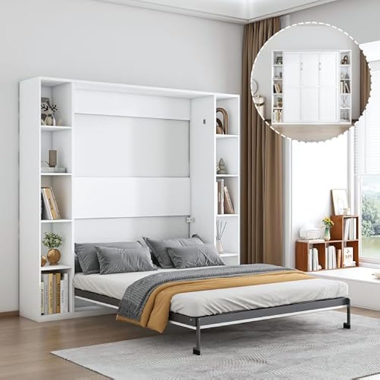 Runboll Queen Murphy Wall Bed, Foldable Murphy Bed wStorage Cabinets, Space-Saving Hidden Bed Frame for BedroomGuest RoomLiving Room, Not Included Mattress