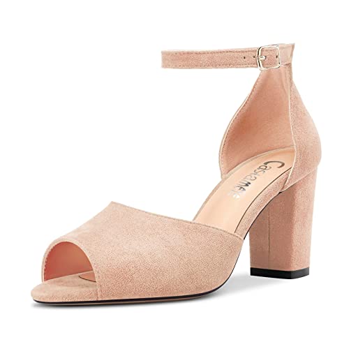 Castamere Women Chunky Block High Heel Peep Open Toe Sandals Ankle Strap Wedding Cute 3.2 Inches Heels