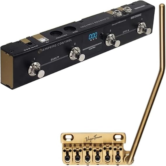 Vega-Trem VT1 2-Points Gold Stratocaster Guitar Tremolo and HOTONE MIDI Foot Controller Pedal bundle - Bridge For Strat No Mods Easy Installation Bluetooth Ampero Control 4 Button