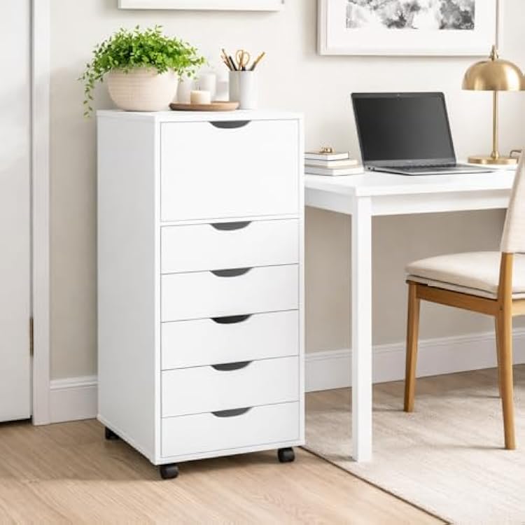 Naomi Home Carly 6-Drawer Office Storage File Cabinet on Wheels, Mobile Under Desk Filing Drawer Unit, Craft Storage Organization for Home, Office White