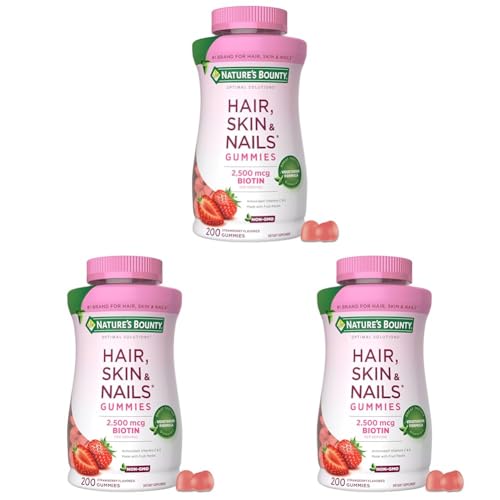 Natures Bounty Optimal Solutions Hair, Skin and Nails Pectin Gummies, 2500 mcg Biotin Per Serving, No Stick Gummy, Vegetarian Formula, Strawberry Flavor, 200 Count, 100 Total Servings Pack of 3