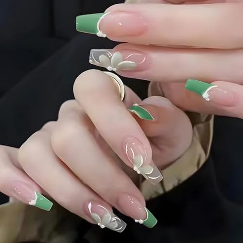 RikView Medium Press on Coffin Fake Nails - French Tips, Green, Glossy Full Cover for Women - 24 PCsSet
