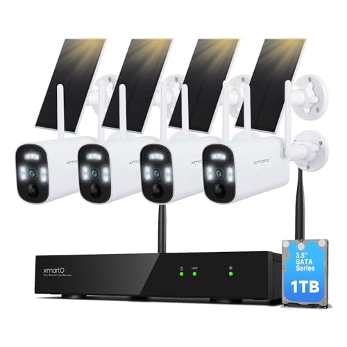 XMARTO Long Range Wire-Free Solar Home Security Camera System Wireless, 4-Set 4MP QHD CCTV Camera Kit with 4K 10CH Expandable WiFi NVR and 1TB HDD Storage Suitable for IndoorsOutdoors