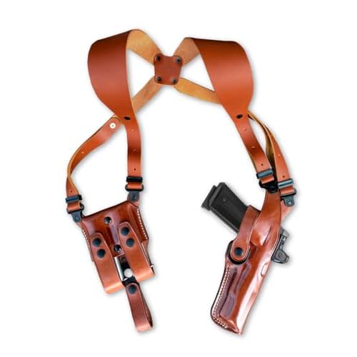 Optic ReadyRed Dot Compatible Premium Leather Vertical Shoulder Holster System with Double Magazine Carrier Fits SR9 9mm 4.14 Barrel, RH Draw, Brown #1037#