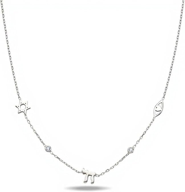 Alef Bet by Paula Chai Evil Eye Heart Star of David Charm Necklace Sterling Silver 925 Dainty Layering Adjustable Jewish Women Bat Mitzvah Hanukkah Birthday Gift