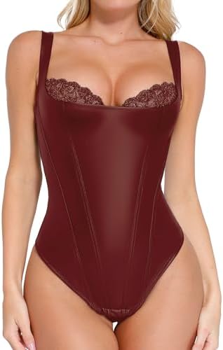 Popilush Faux Leather Shapewear Bodysuit Lace Body Suits for Womens Tummy Control Corset Tops Thong Body Shaper