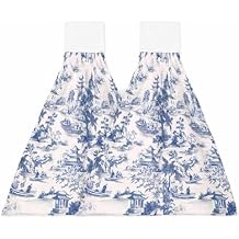 2 Pack Hanging Kitchen Hand Towels, Blue Garden Retro Hand Tie Towels with Hanging Loop, Modern Art Building Tree Boat Soft Absorbent Towel Set for Bathroom and Kitchen