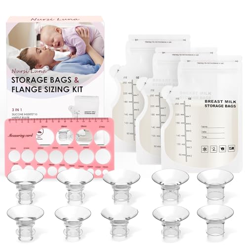 Flange Sizing Kit with Flange Inserts 1315171921mm 10PCS, Nipple Ruler, Breastmilk Storage Bags 60, Silicone Flanges Insert for 24mm FlangeShield, Breastfeeding Essentials for New Mom
