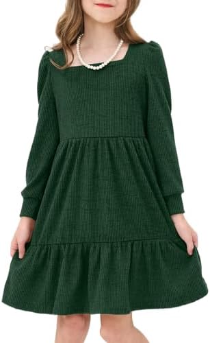 JiAmy Toddler Dress Little Girls Long Sleeve Sweater Knit Fall Winter Casual Tiered Dresses with Pocket