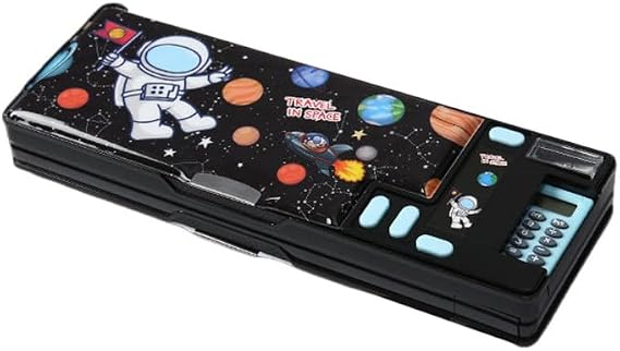 Pop Up Multifunction Pencil Case, Compartment Pencil Case Cute Cartoon Pen Box Organizer Stationery with Calculators, Sharpener, Schedule, School Supplies (Black)