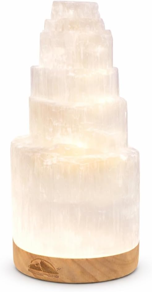 Himalayan Glow Selenite Crystal Lamp 20cm Large, Hand Curved Crystal Lamp with (ETL Certified) Wooden Base & USB Charging Cable for Home Decor - White