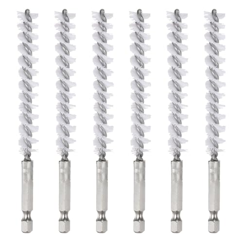 HARFINGTON 6Pcs Nylon Bore Brush 11mm Dia 4.5 Long Cleaning Twisted Wire Brush with Handle 14 Hex Shank for Tubes Ports Bearings, White