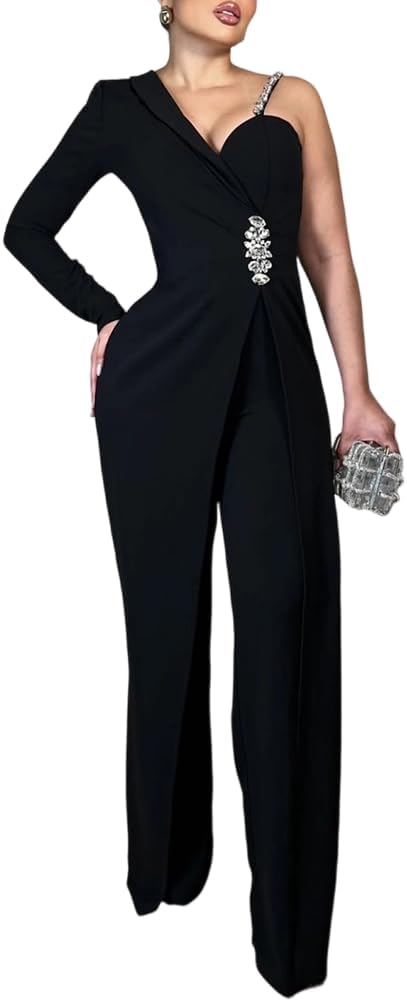 CHICME Women's One Piece Jumpsuit Rhinestone Decor Wide Leg Jumpsuit Dressy
